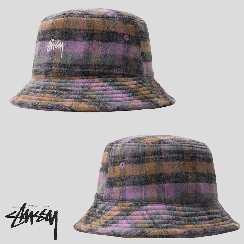 [STUSSY] 紫色 格纹样板 刷毛 斗式帽子 新商品 L/XL STUSSY BRUSHED PLAID BUCKET HAT PURPLESIZEL/XL