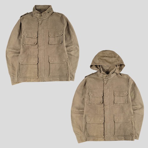 Vintage khaki brown hidden hood high-neck pocket military bomber jacket cotton 100 casual jacket M