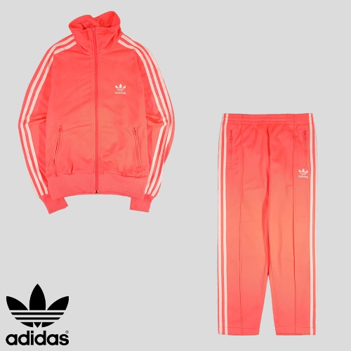 [Adidas] NEON粉红色 白色 三线 FIRE BIRD 宽松上衣 拉链 汗布裤子 运动服 包装 WOMANSM