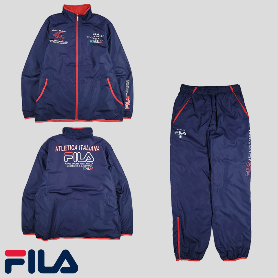 FILA Fila Pillar 00s JP Navy Multi-printed Logo Napping Padded Windbreaker Jogger Banding Track Pants Sweatsuit Set-up XL
