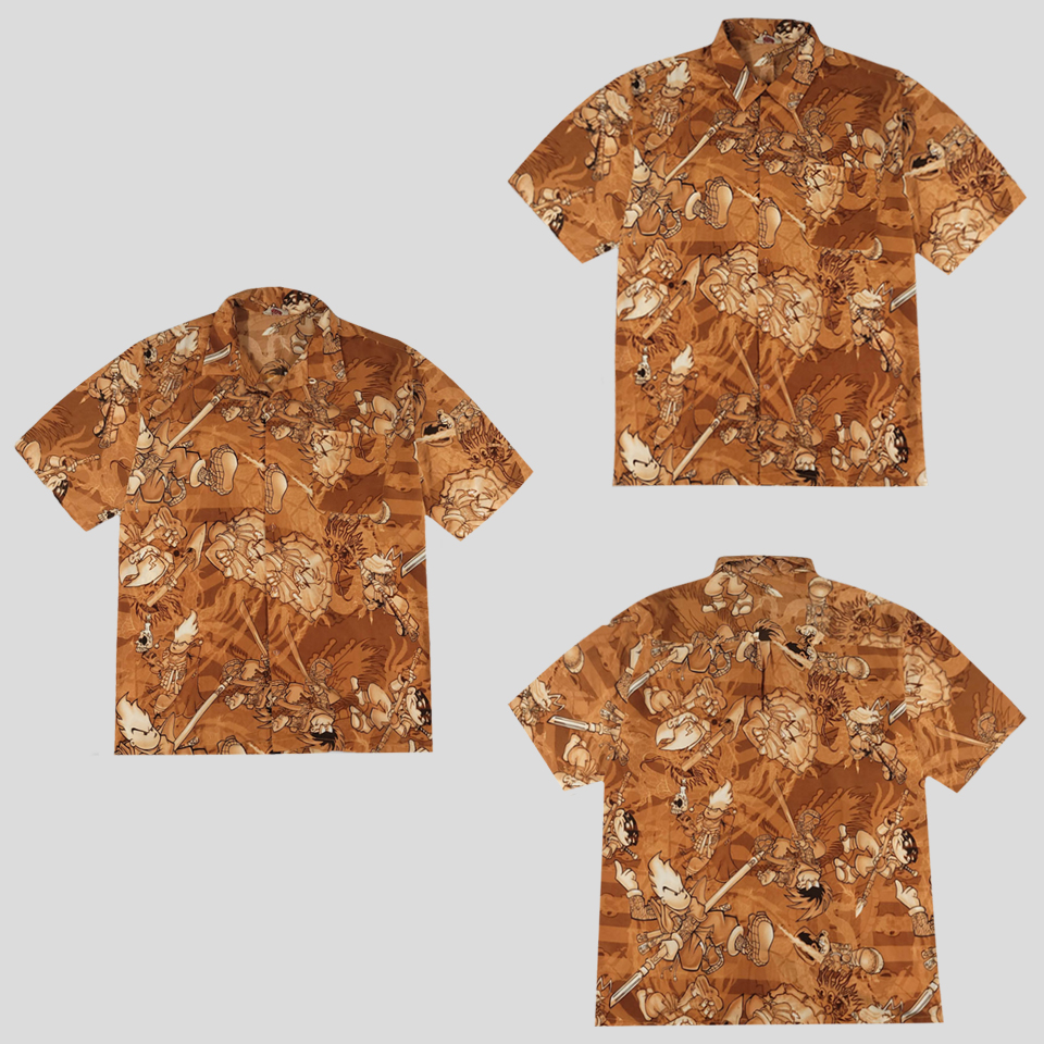 MANCHES CLUB 브라운 올드스쿨 스컬 패턴 하와이안 폴리 반팔셔츠 하프셔츠 2XL