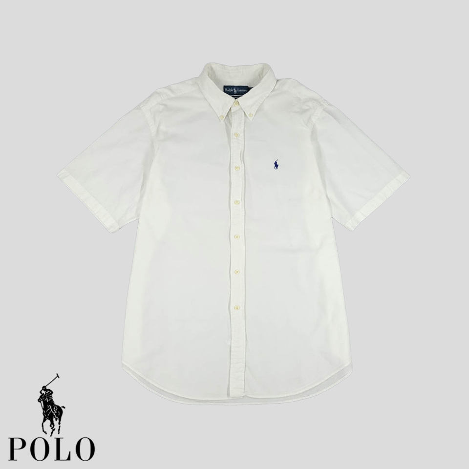 폴로랄프로렌 화이트 네이비포니 클래식핏 아메카지 시티보이 코튼100 시어서커 버튼다운 반팔셔츠 하프셔츠 XL