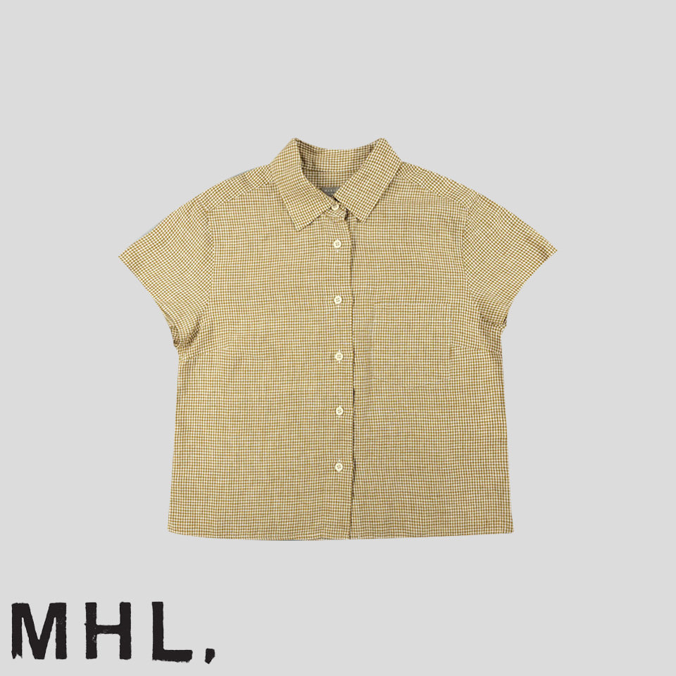 MHL 마가렛호웰 베이지 화이트 깅엄체크 체스트포켓 코튼100 반팔셔츠 하프셔츠 MADE IN JAPAN WOMANS M-L