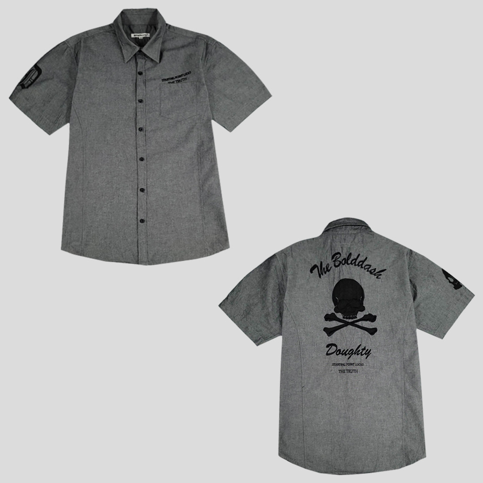 SEMANTICESIGN 딥그레이 블랙 해골 스컬 체스트포켓 스트릿 코튼혼방 반팔셔츠 하프셔츠 M