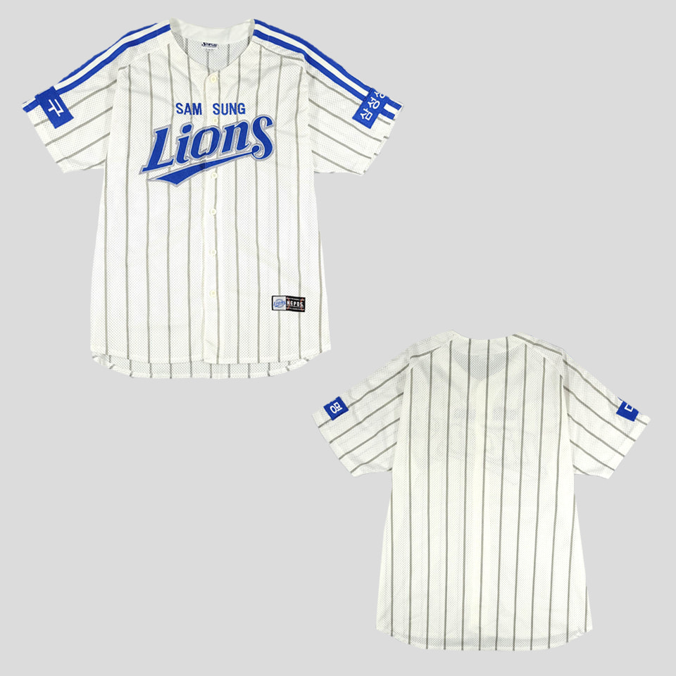 네포스 화이트 블루 삼성라이온즈 삼성생명 스폰서 홈 논마킹 야구져지 레플리카 유니폼 메쉬 반팔셔츠 하프셔츠 XL