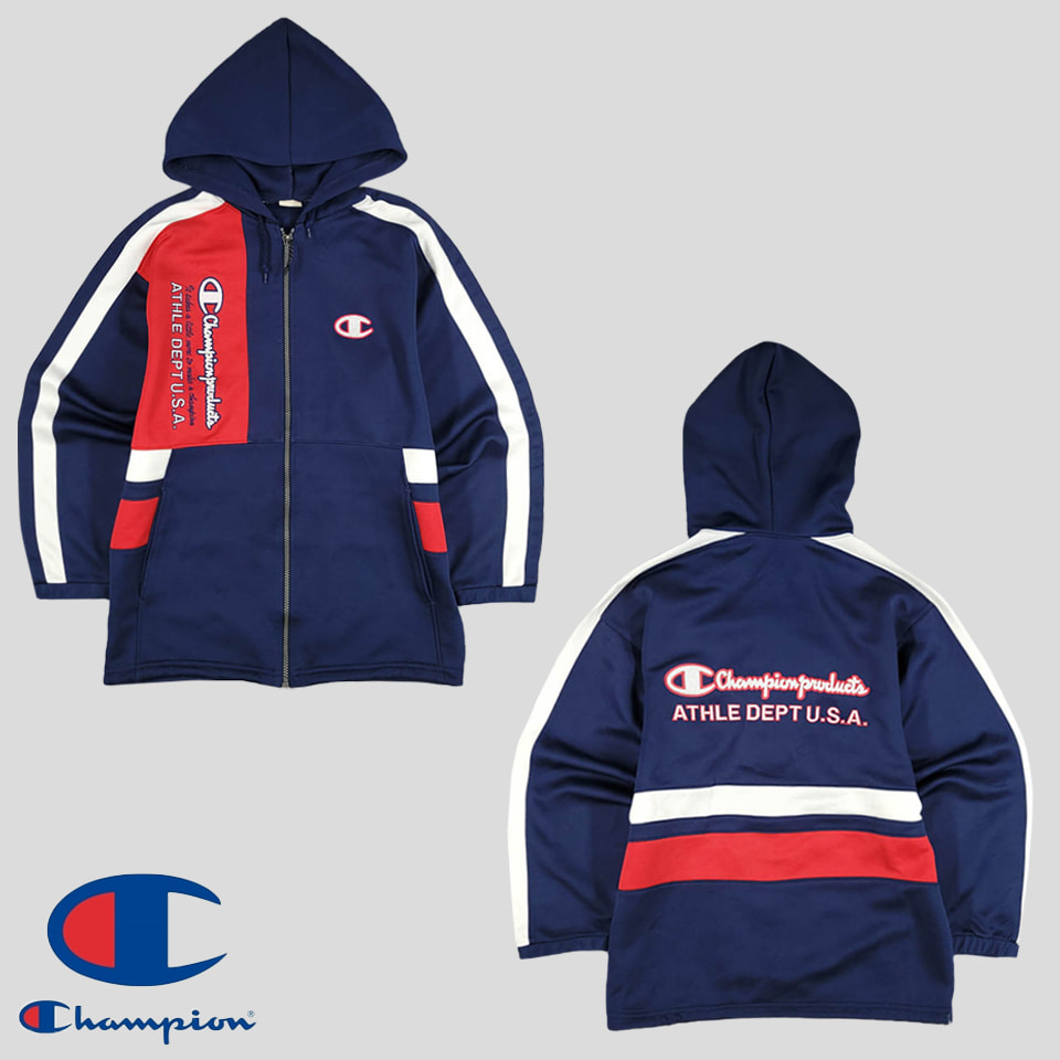 Champion Navy Red White Coloring Big Patch Logo Old School Hooded Track Top Zip-Up Jersey WOMANSM