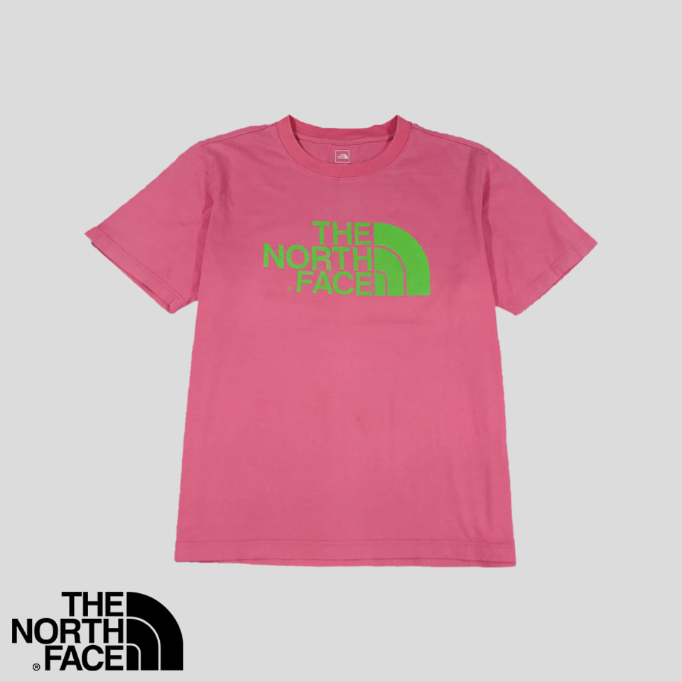 노스페이스 핑크 그린로고 빅프린팅 슬림핏 코튼100 라운드넥 슬림핏 반팔 티셔츠 M