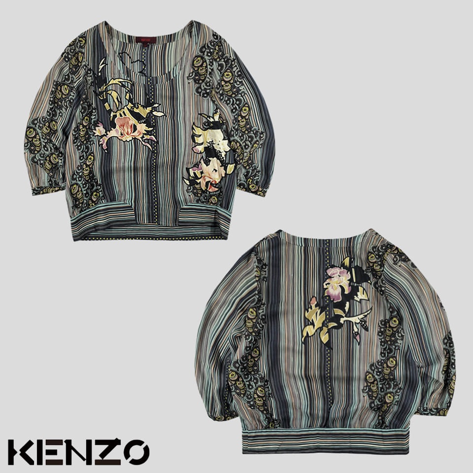 KENZO 겐조 네이비 퍼플 스트라이프 플로랄 에스닉 패턴 와이드넥 7부 실크100 블라우스 남방 셔츠 WOMANS M