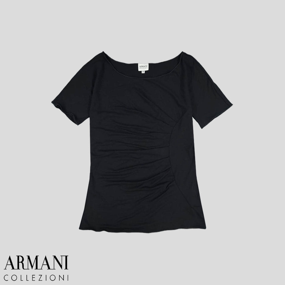 아르마니 꼴레지오니 블랙 비대칭 셔링 고딕 고스 레이온 Y2K 와이드넥 반팔 티셔츠 WOMANS XS