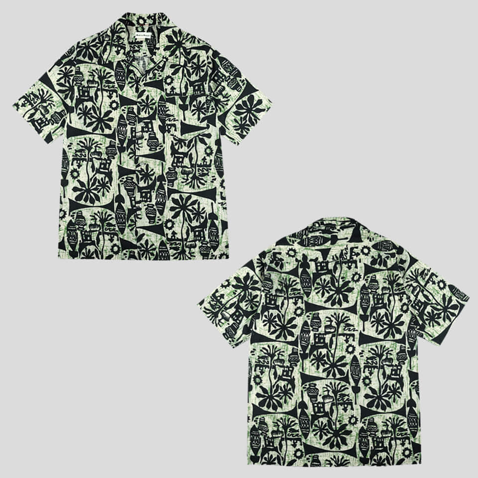 빈티지 화이트 그린 블랙 배색 에스닉 트라이벌 패턴 자가드 하와이안 반팔셔츠 하프셔츠 MADE IN HAWAII L
