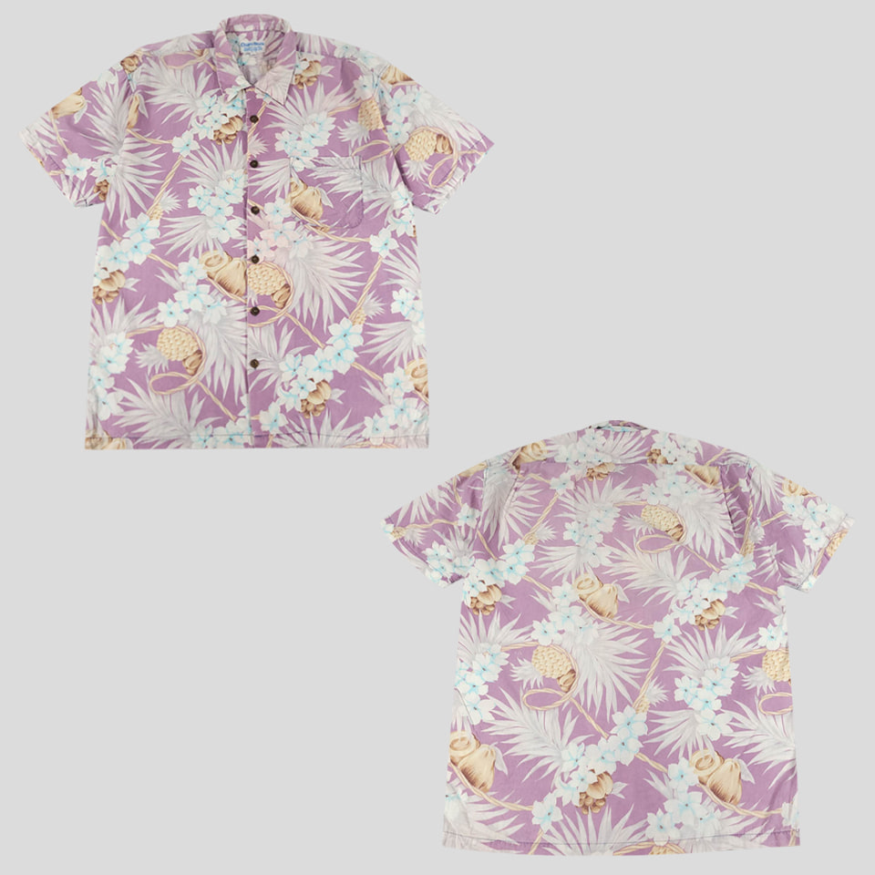 CHARIOT BRAND 퍼플 플라워패턴 우드버튼 하와이안 반팔셔츠 하프셔츠 XL